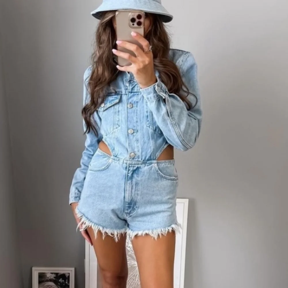 Zara cut out denim short blue wash jumpsuit